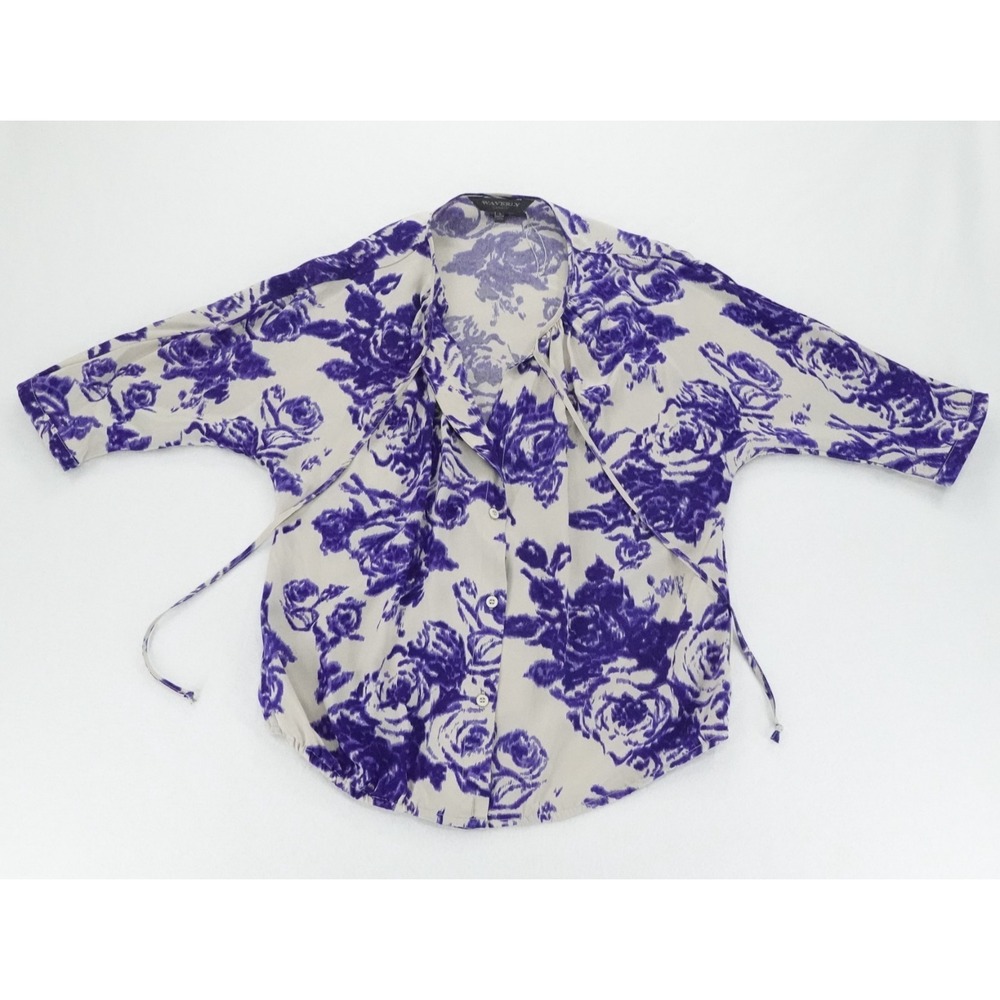 Waverly Grey Blouse Womens S Purple Floral Silk Button Front Tie Casual USA